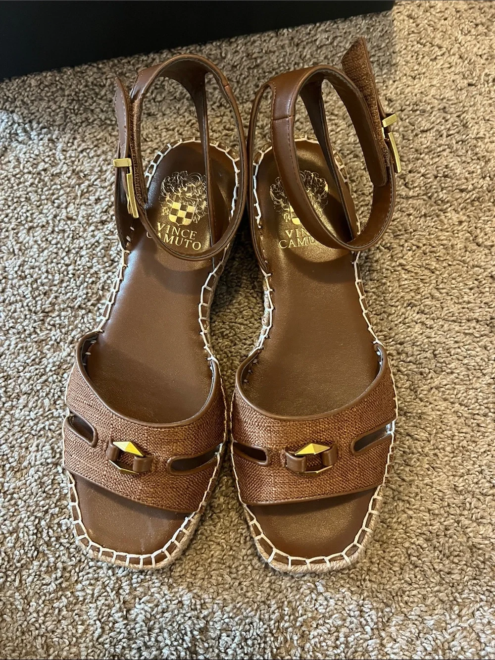 Vince Camuto Mariah Tan Brown Leather Ankle-Strap Espadrille Sandals